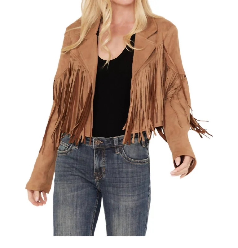 Faux Suede Jacket W/ Fringe Back Detail In Tan