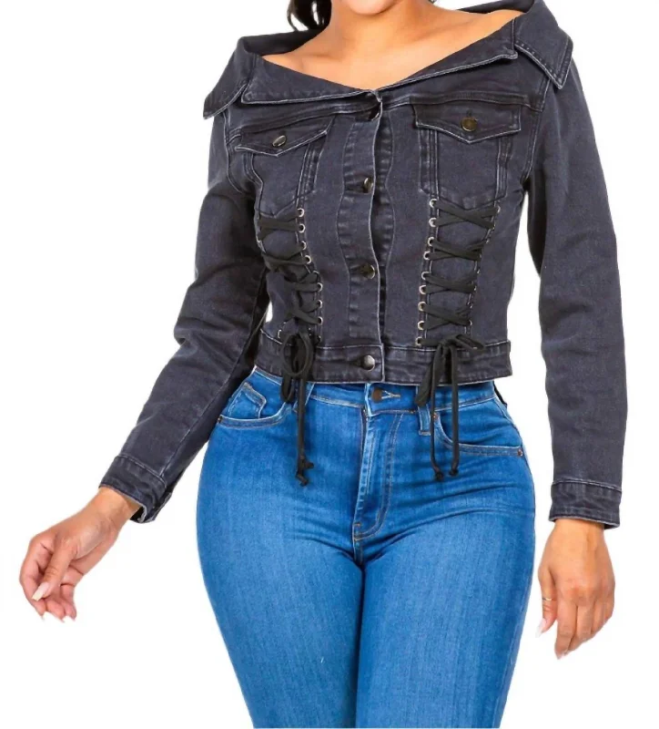 Chic Off Shoulder Lace Up Denim Jacket In Black