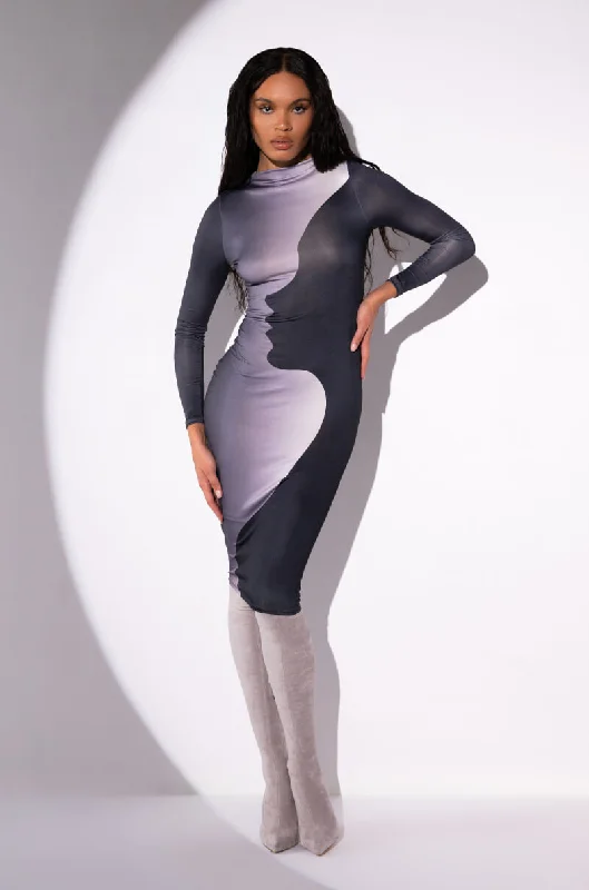 SILHOUETTE MOCK NECK LONG SLEEVE MIDI DRESS