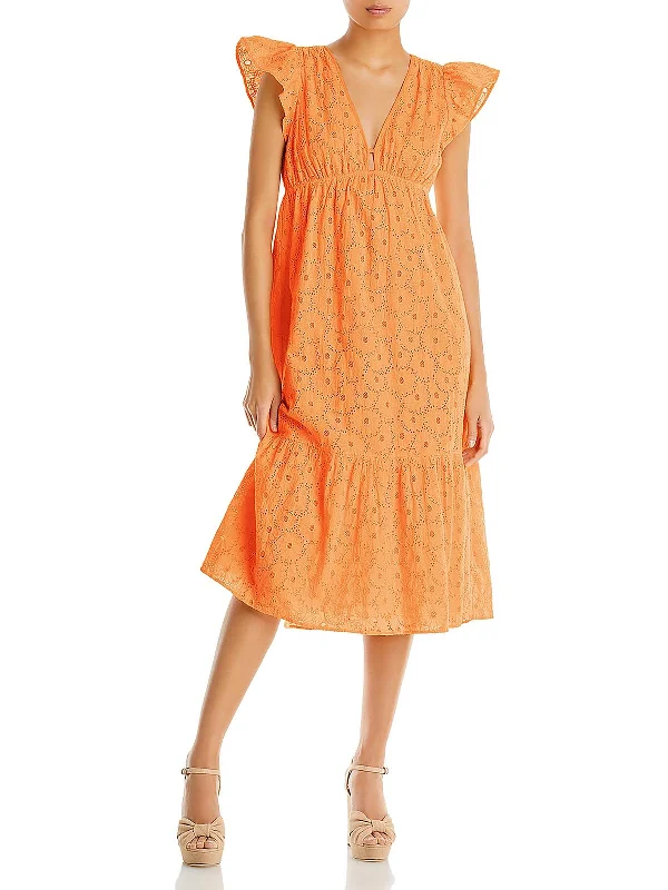 Tina Womens Cotton Flutter Sleeve Midi Dress