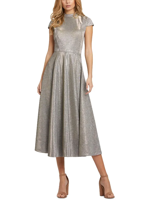 Womens Metallic Cap Sleeves Midi Dress