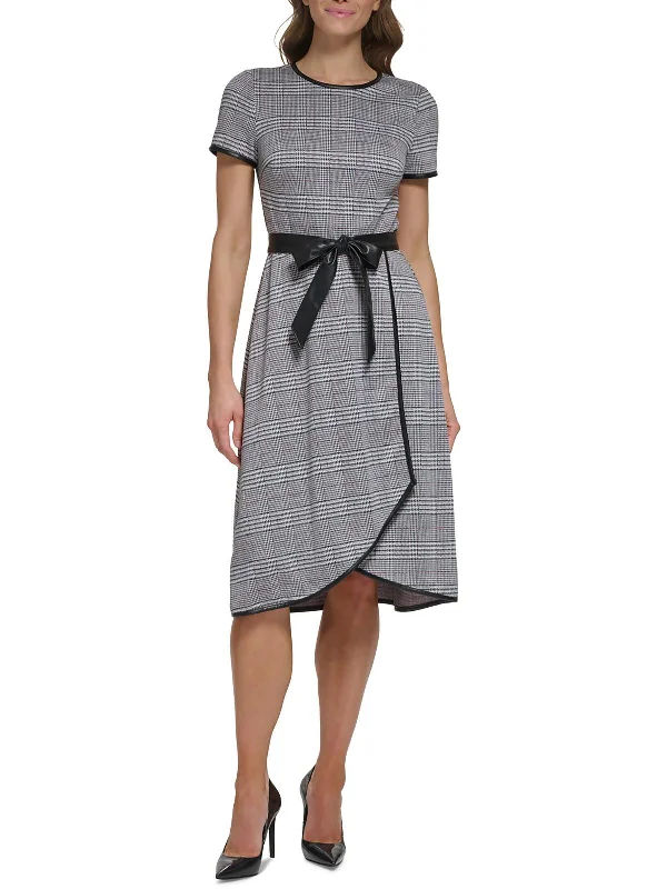 Womens Plaid Faux Wrap Midi Dress