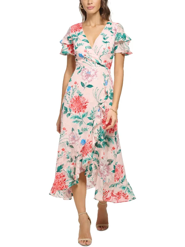 Womens Ruffled Mid-Calf Midi Dress