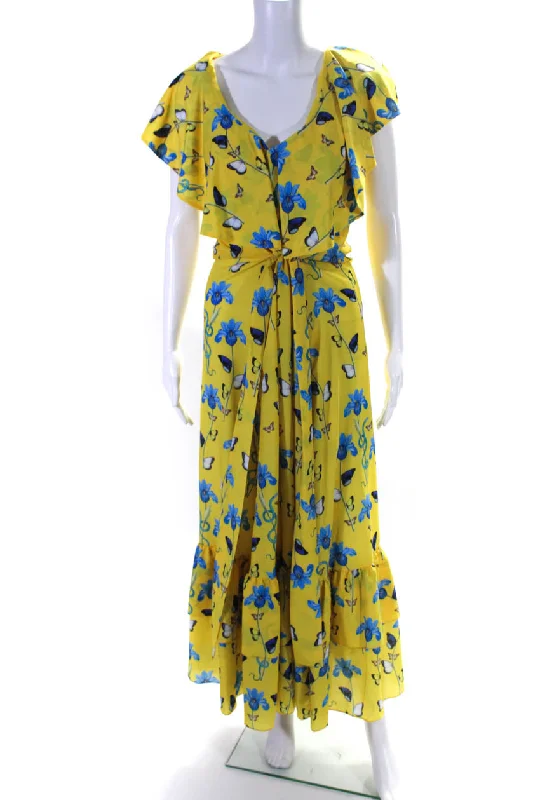 Borgo De Nor Womens Floral Print V-Neck Ruffled Belted Maxi Dress Yellow