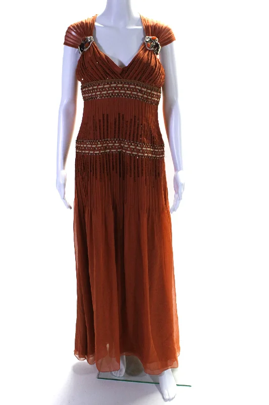 Carolina Herrera Womens Silk Jeweled V Neck Sleeveless Maxi Dress Orange