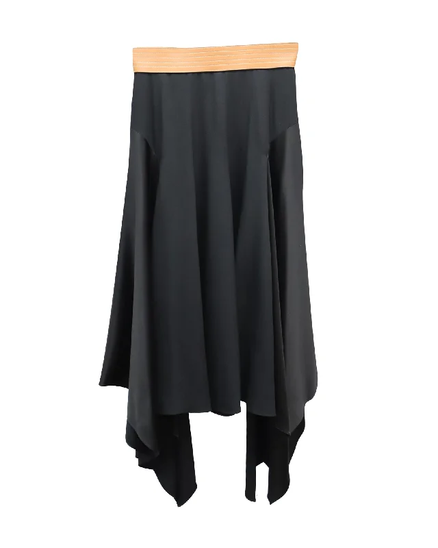 Loewe Asymmetric Leather-Waist Midi Skirt in Black Polyester Viscose