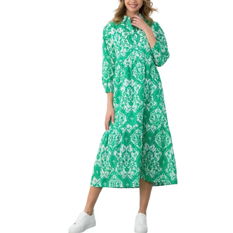 Long Sleeve Print Maxi Dress In Green