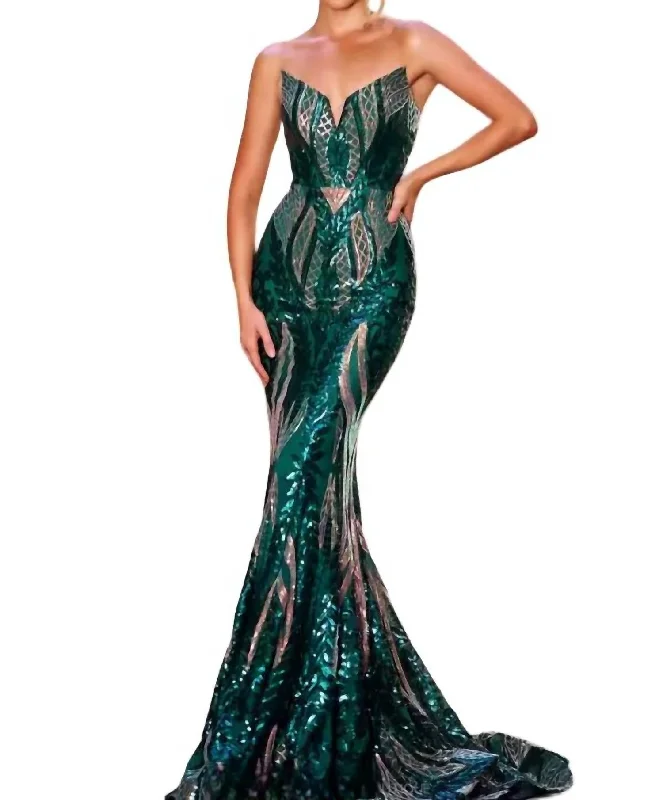 Mermaid Sweetheart Maxi Dress In Hunter/green/gold