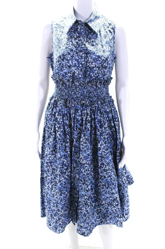 Michael Kors Collection Womens Floral Print Smocked Zip Maxi Dress Blue