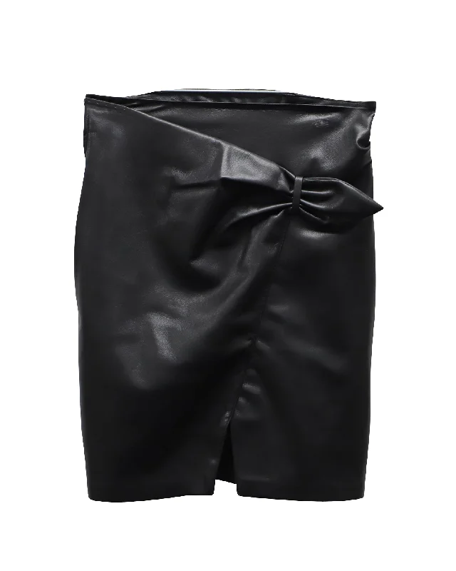 Nanushka Tie-Waist Asymmetrical Mini Skirt in Black Faux-Leather Polyester