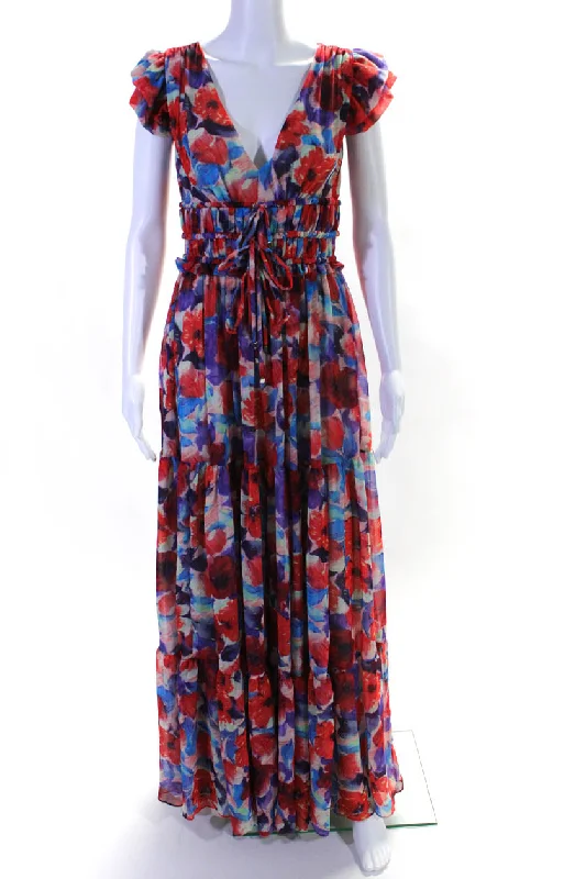 PatBO Womens Floral Print V Neck A Line Maxi Dress Multi Colored