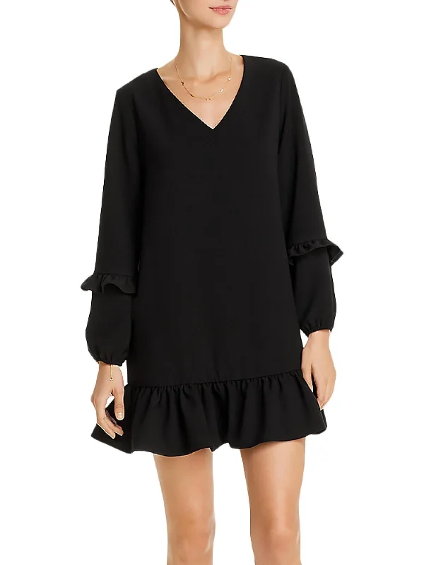 Womens Ruffled V-Neck Mini Dress