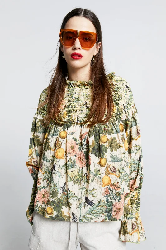 Karen Walker Gaia Long Sleeve Smocked Blouse - Macadamia/Green