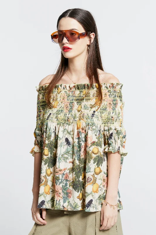 Karen Walker Gaia Smocked Blouse - Macadamia/Green