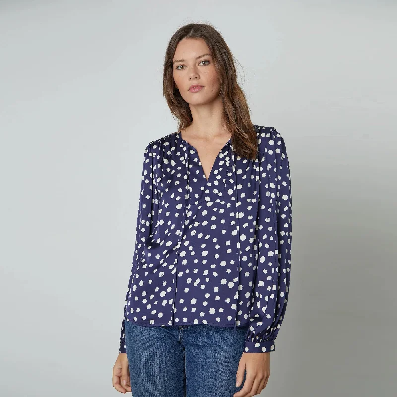 Marlowe Polka Dot Printed Satin Long Sleeve Top (Navy)