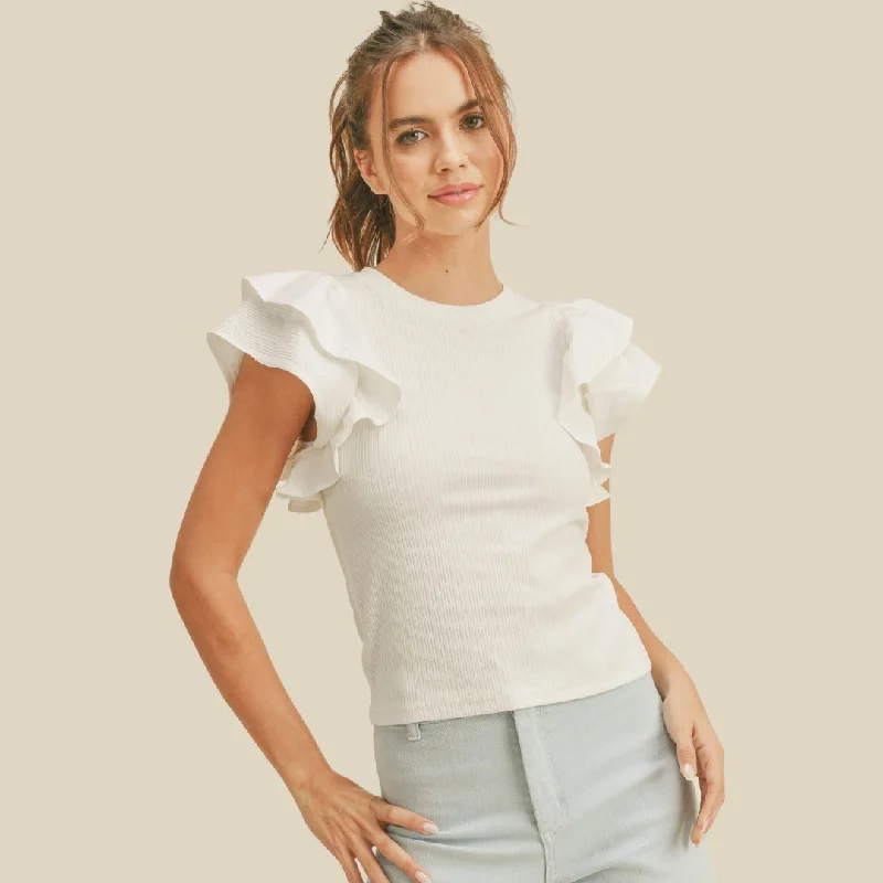 Ribbed Ruffle Sleeve Top (Off White)