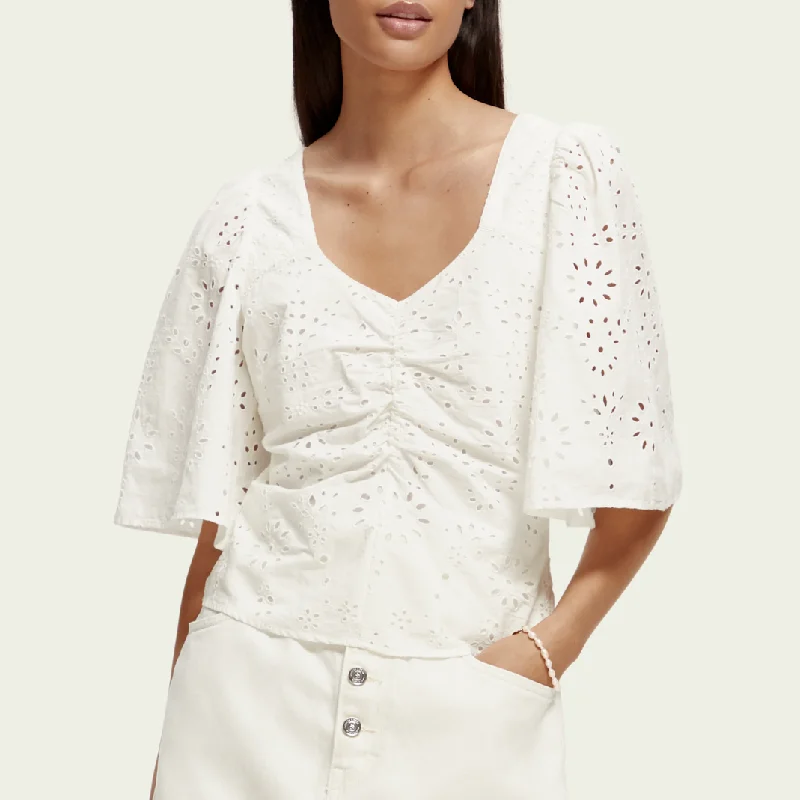 Ruched Front Flutter Sleeve Top (White)