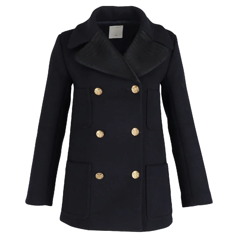 Sandro Double-Breasted Coat in Navy Blue Wool