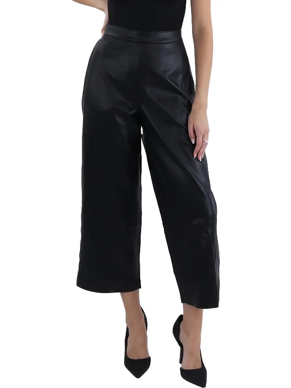 Bernie Womens Faux Leather Mid-Rise Wide Leg Pants