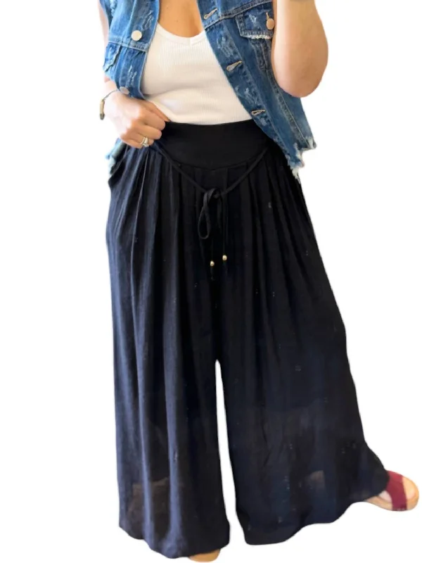 Elastic Waist Drawstring Wide Leg Pants In Black