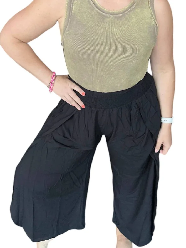 Mandy Smocked Waist Pants With Tulip Slit In Black