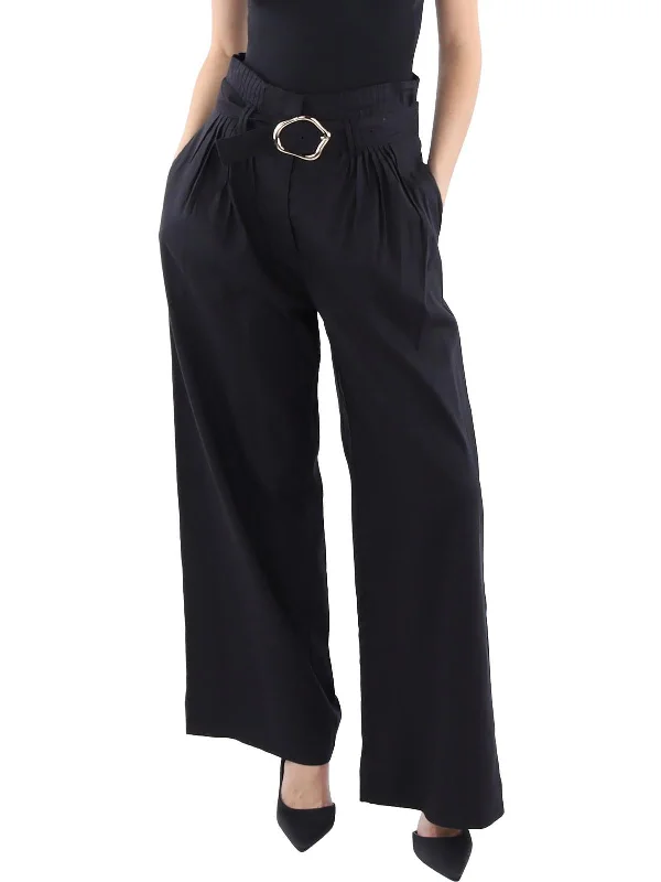 Womens Belted Pleated Wide Leg Pants