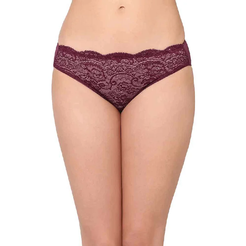 Essential Lace Low Waist Low Coverage Bridal Wear Lace Bikini Panty - Wine