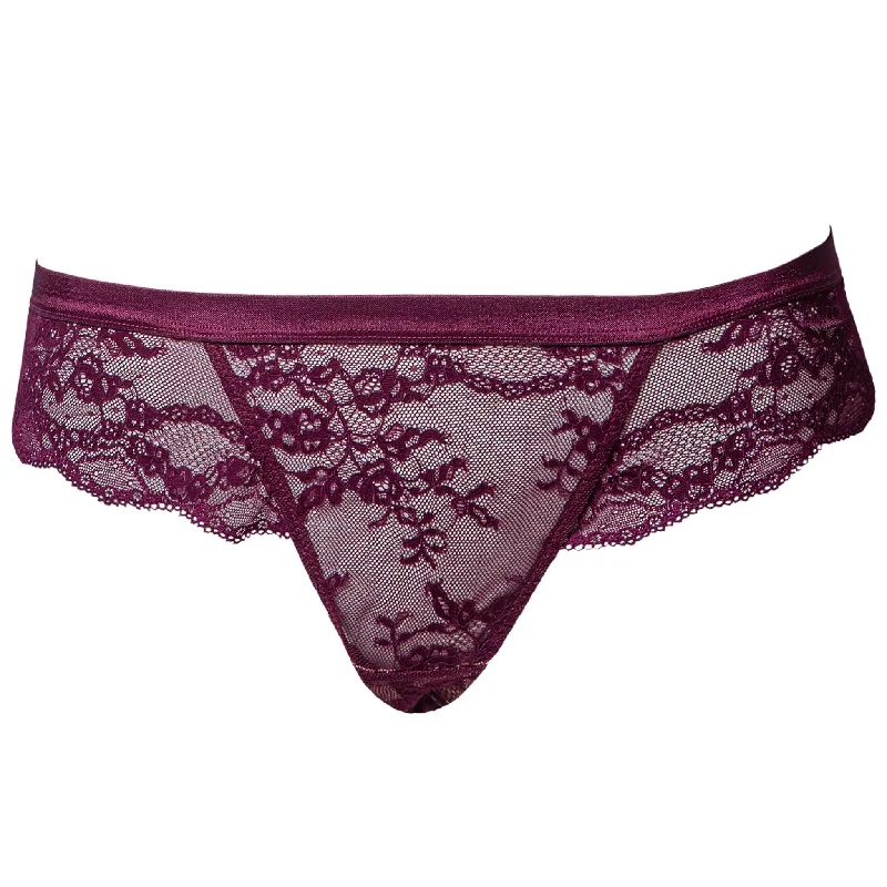 Morada Sheer Lace Low-Rise Thong in Wine